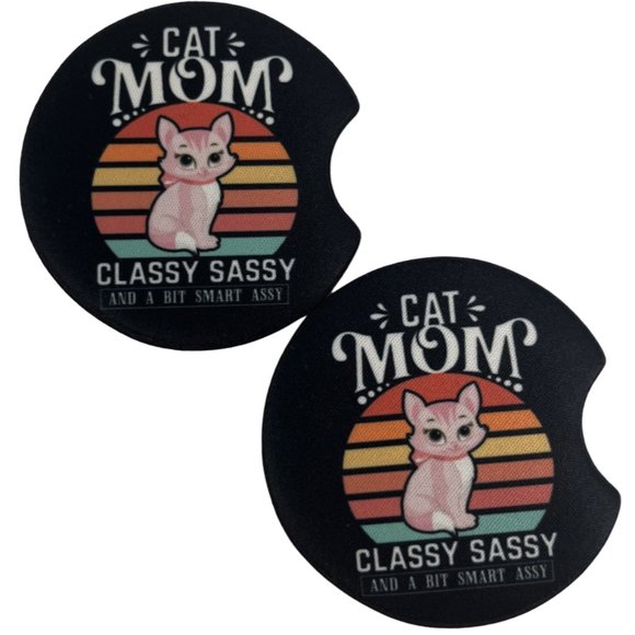 Car Coasters Cat Mom Classy Sassy a Bit Smart Assy Set of 2 Neoprene Absorbent - Picture 2 of 9
